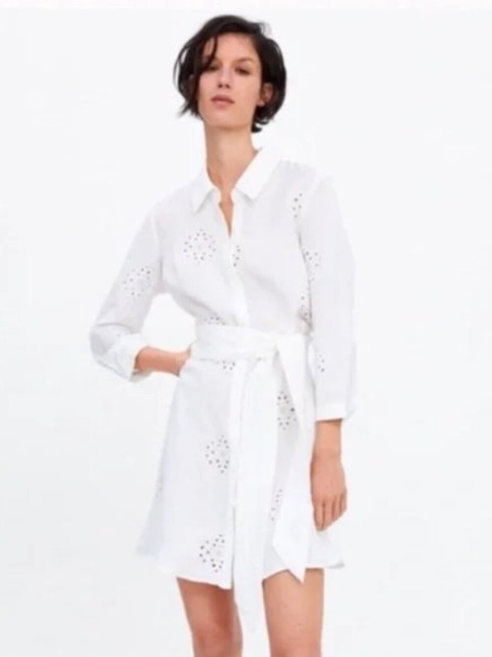Zara Small Shirt Dress with Eyelet Embroidery Off White Collared